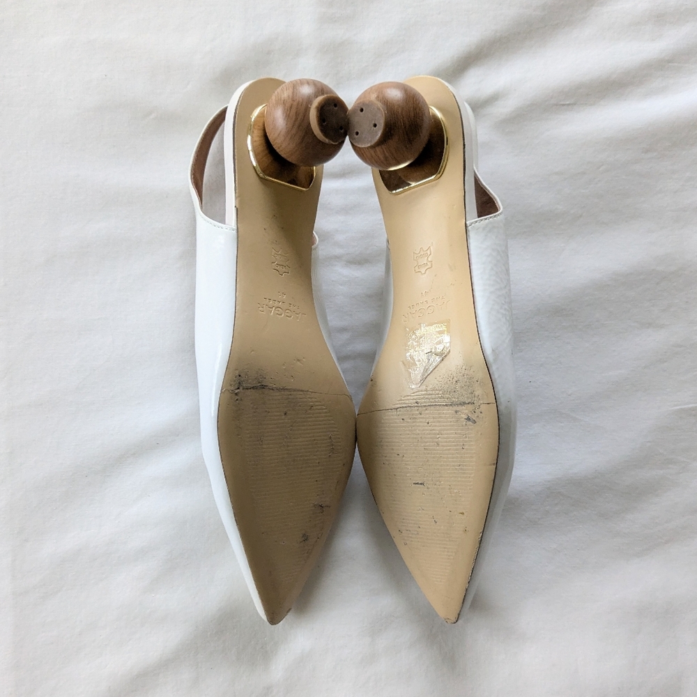 JAGGAR White Patent Leather Wood Ball Kitten Heel Sling Back Mules Sz 10 / 41 - Picture 2 of 3